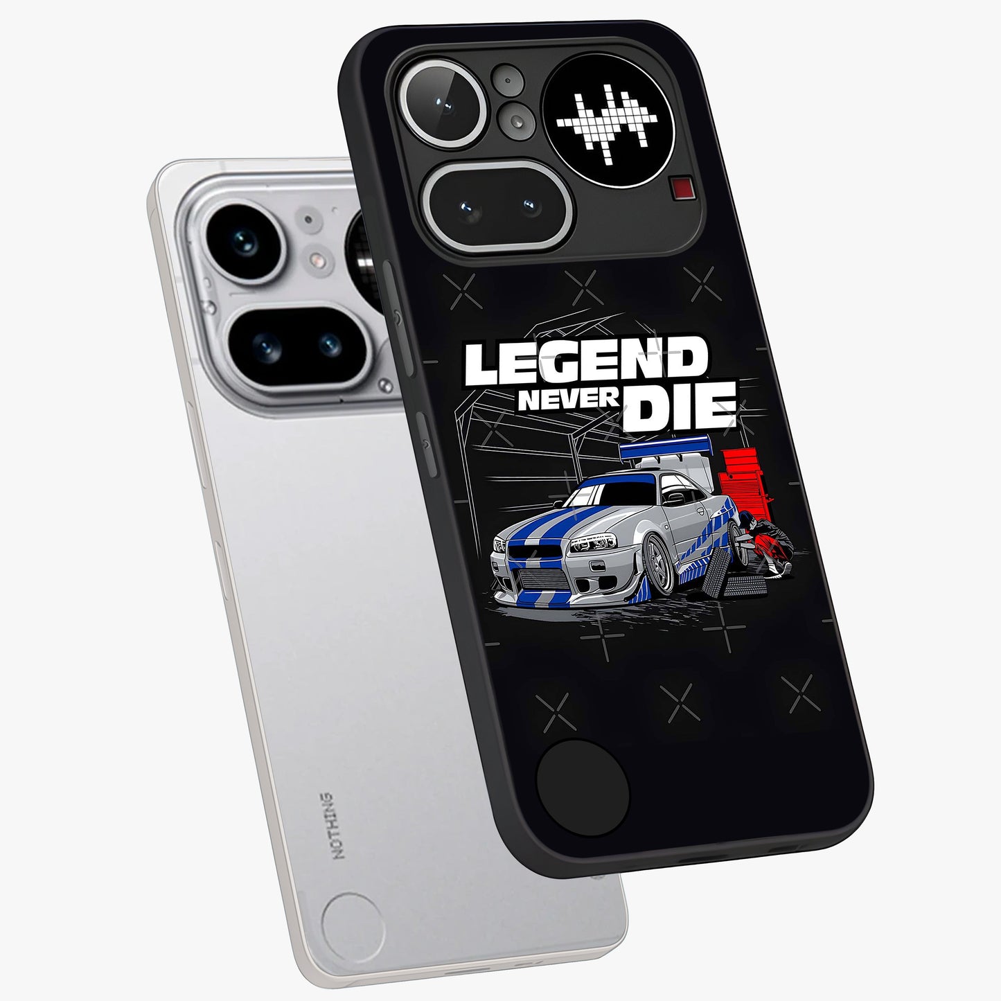 Midnight Racing Legacy Glass Case displayed in angled mockup highlighting dynamic automotive design with bold midnight aesthetic.