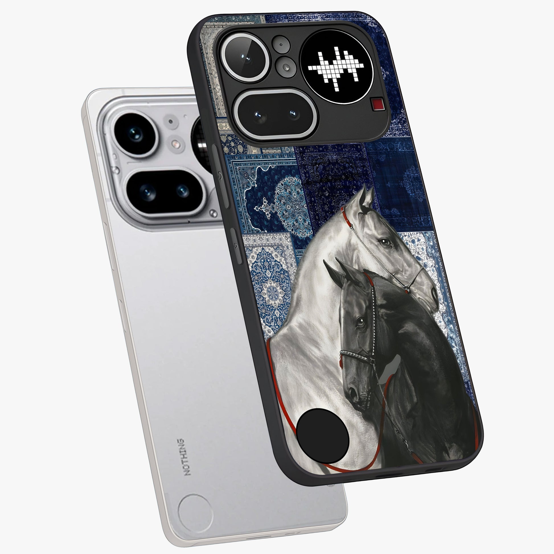 Midnight Stallion Blues Glass Case displayed in angled mockup highlighting powerful stallion illustration with deep midnight tones.