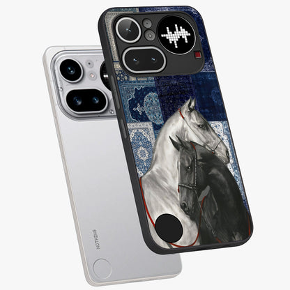 Midnight Stallion Blues Glass Case displayed in angled mockup highlighting powerful stallion illustration with deep midnight tones.