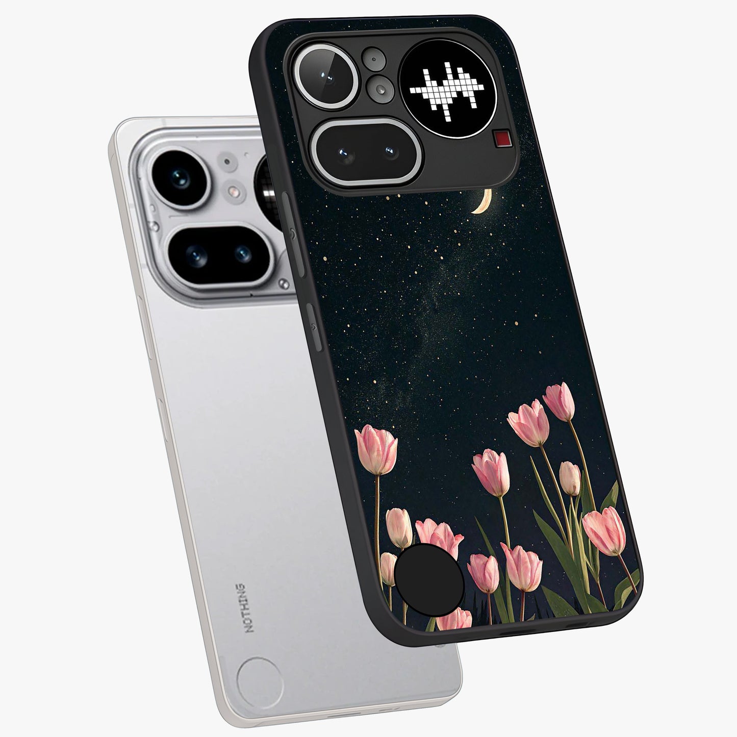 Midnight Tulip Whispers Vibe Glass Case displayed in angled mockup highlighting delicate tulip design with midnight floral aesthetic.