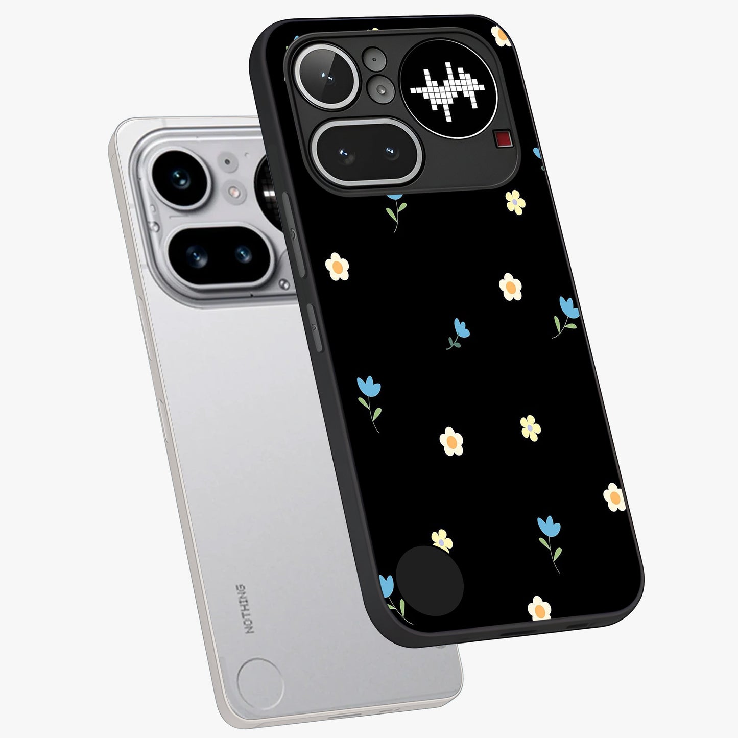 Minimal Petal Whispers Glass Case displayed in angled mockup highlighting delicate petal design with clean minimal aesthetic.