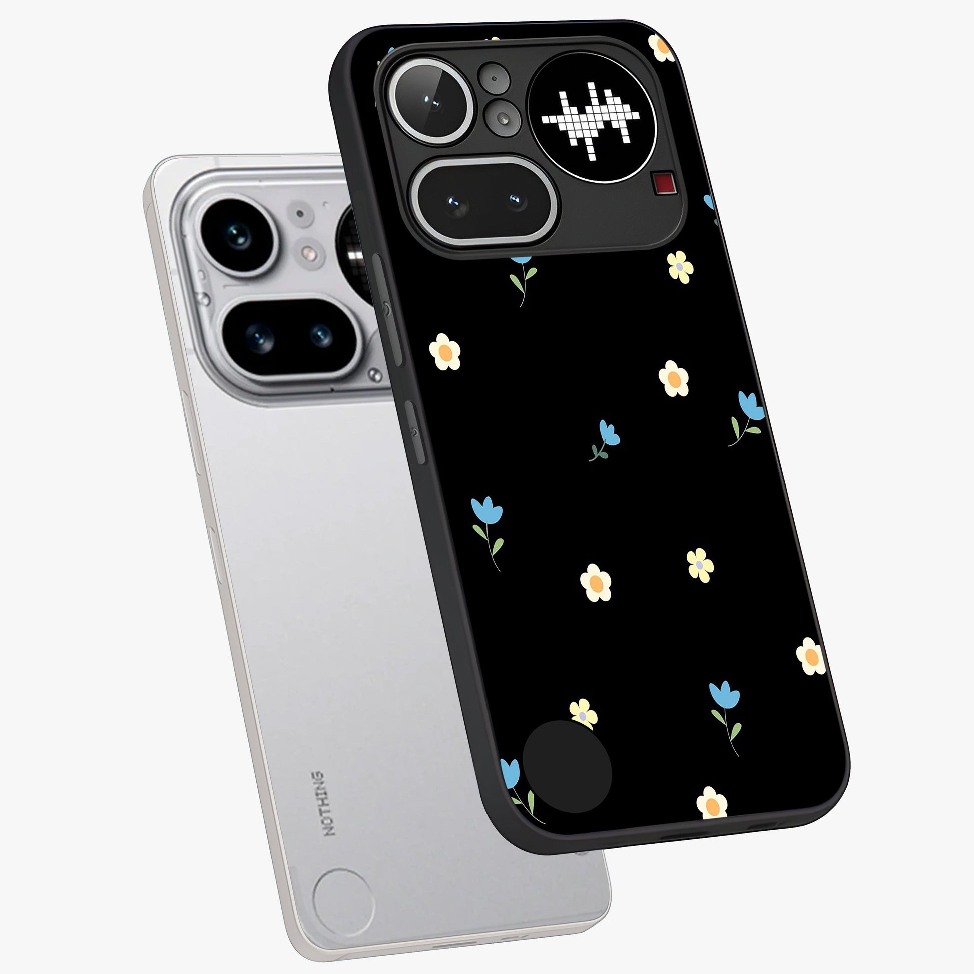 Minimal Petal Whispers Glass Case displayed in angled mockup highlighting delicate petal design with clean minimal aesthetic.