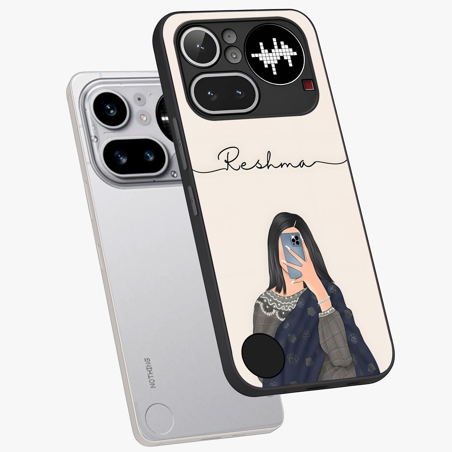 Mirror Mood Muse With Custom Name Glass Case displayed in angled mockup highlighting aesthetic mirror inspired design with custom name feature.