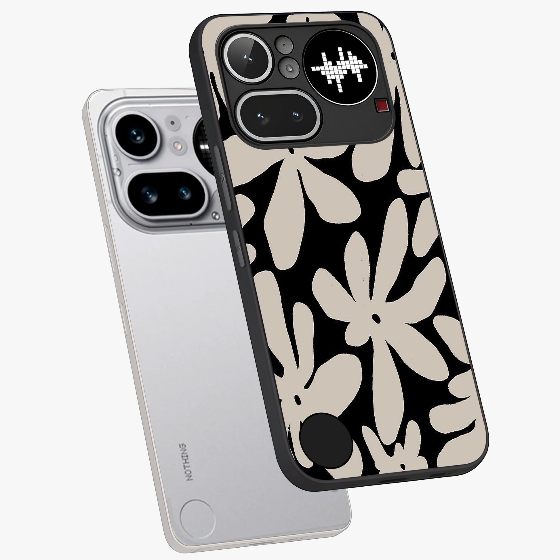 Monochrome Petal Dance Glass Case displayed in angled mockup highlighting elegant petal design with black and white aesthetic.