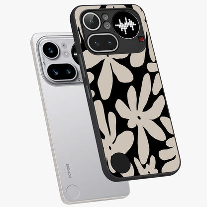 Monochrome Petal Dance Glass Case displayed in angled mockup highlighting elegant petal design with black and white aesthetic.