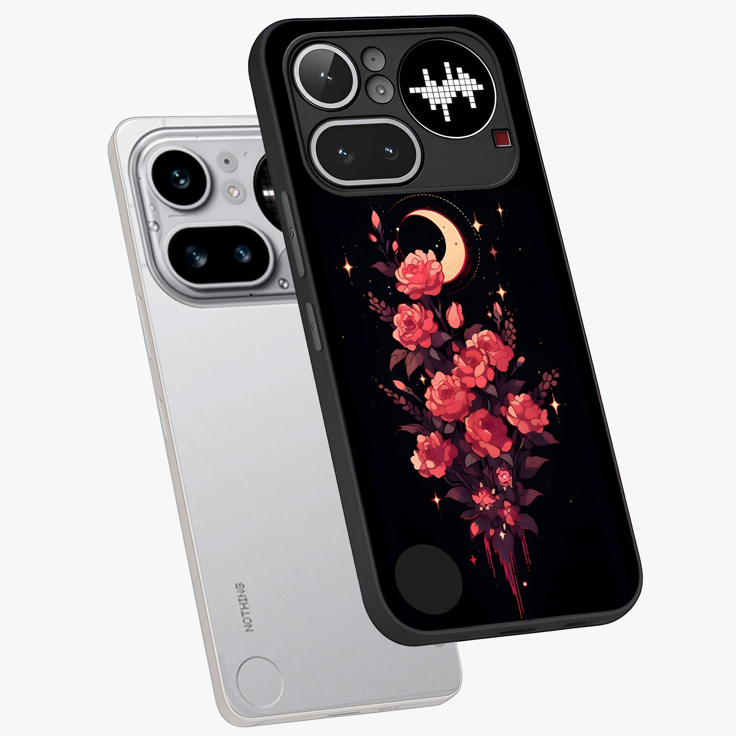 Moonlit Floral Elegance Glass Case displayed in angled mockup highlighting graceful flower design with soft moonlight aesthetic.