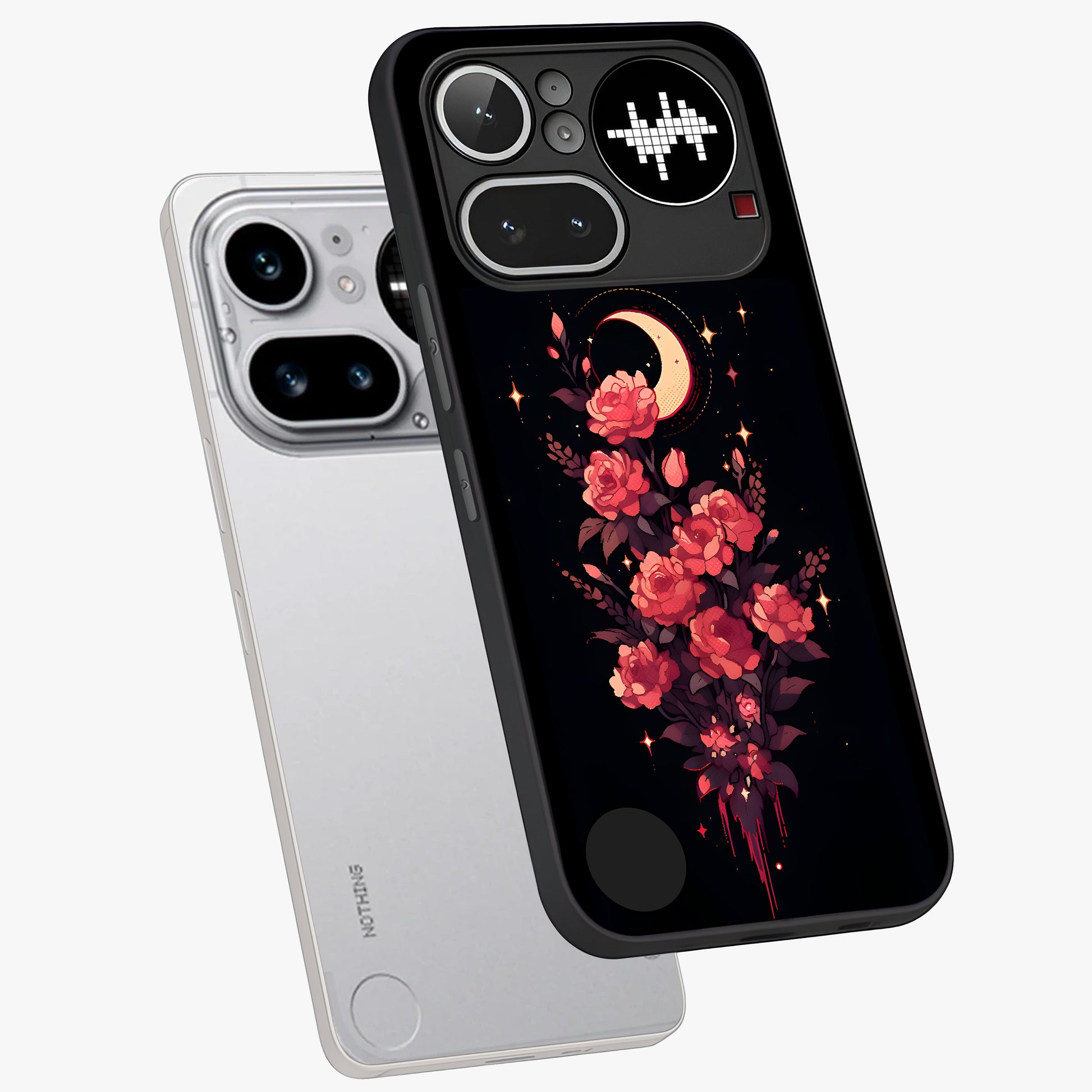 Moonlit Floral Elegance Glass Case displayed in angled mockup highlighting graceful flower design with soft moonlight aesthetic.