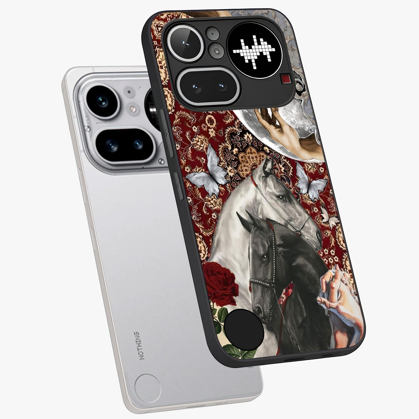 Moonlit Royal Stallion Glass Case displayed in angled mockup highlighting powerful stallion illustration with royal night aesthetic.