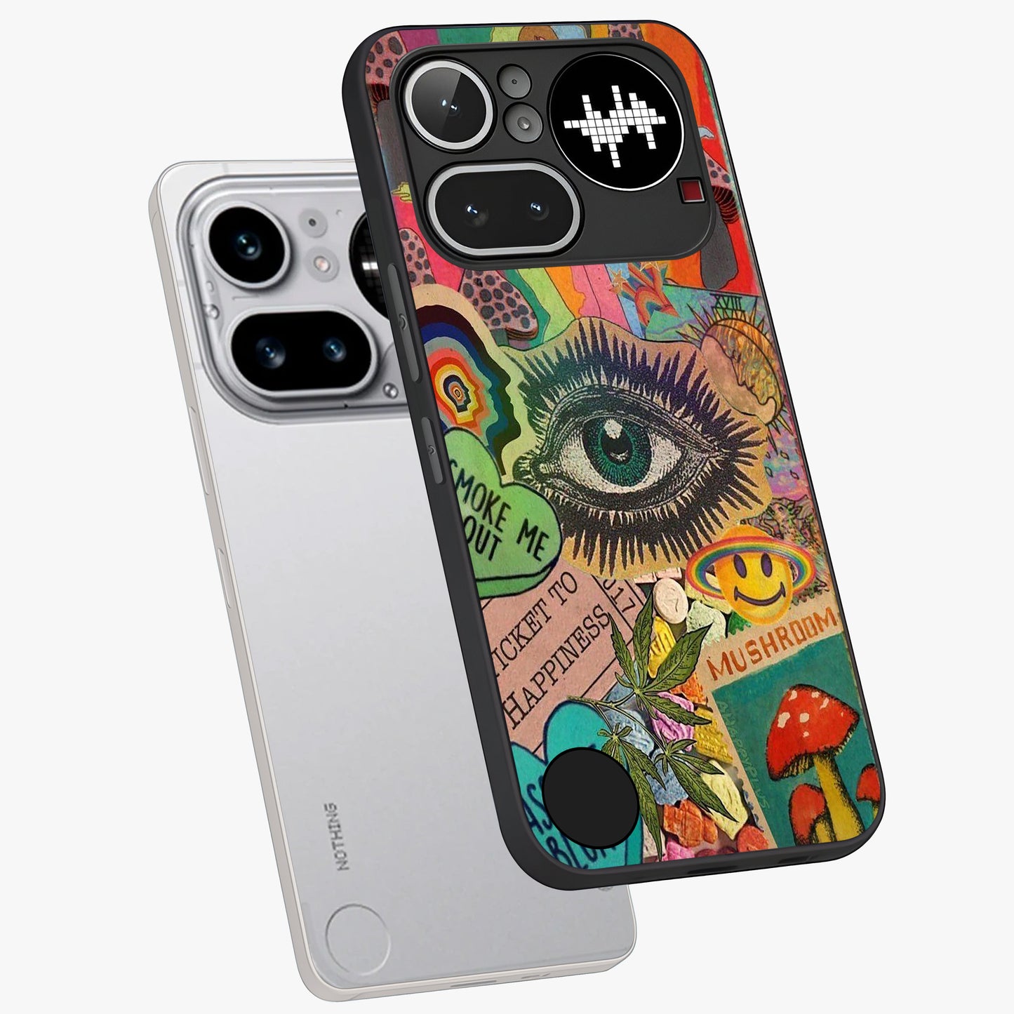 Mystic Eye Wonderland Glass Case displayed in angled mockup highlighting magical eye illustration with dreamy aesthetic.