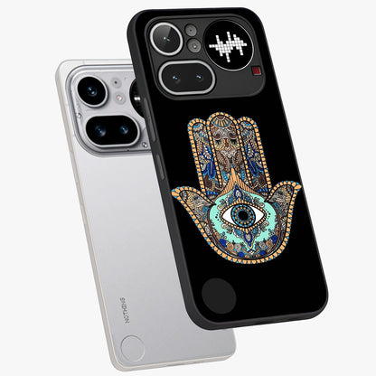 Mystic Hamsa Eye Glass Case displayed in angled mockup highlighting spiritual hamsa symbol with mystical aesthetic style.