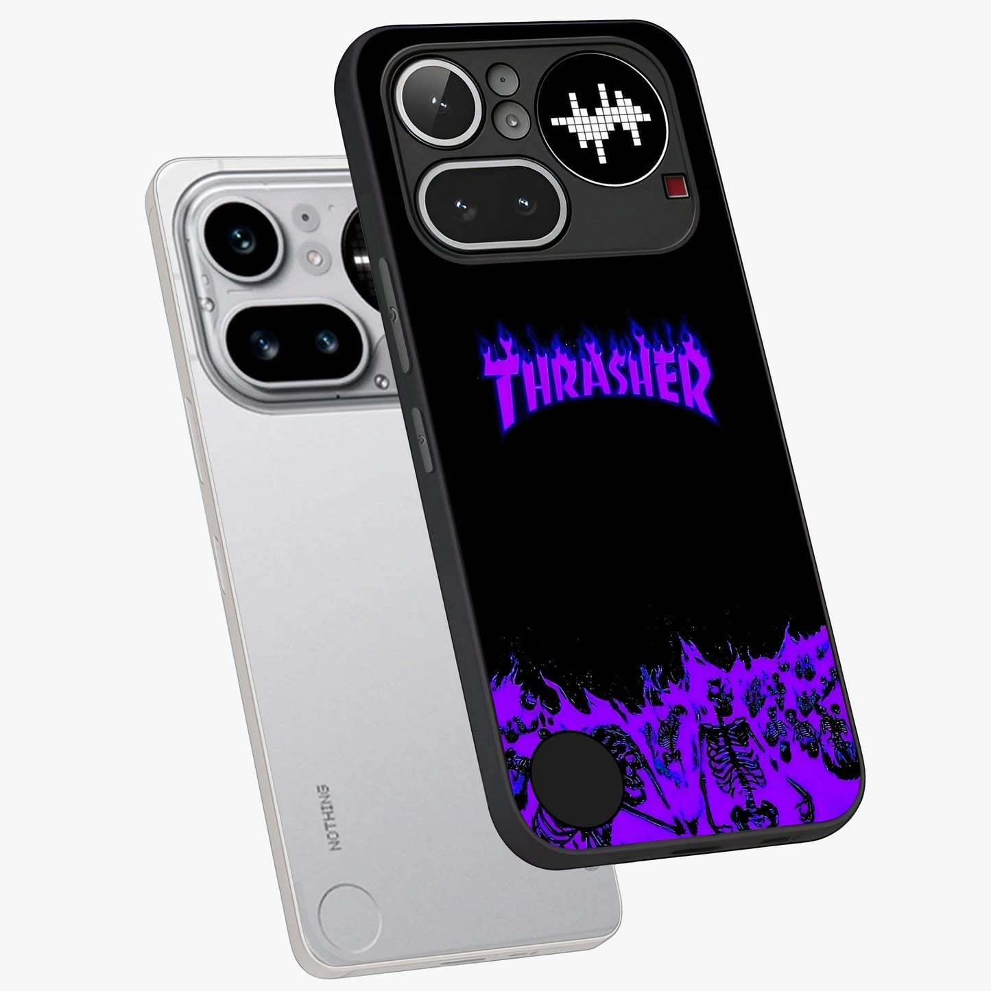 Neon Flame Riot Glass Case displayed in angled mockup highlighting glowing flame design with vibrant neon aesthetic.