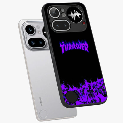 Neon Flame Riot Glass Case displayed in angled mockup highlighting glowing flame design with vibrant neon aesthetic.