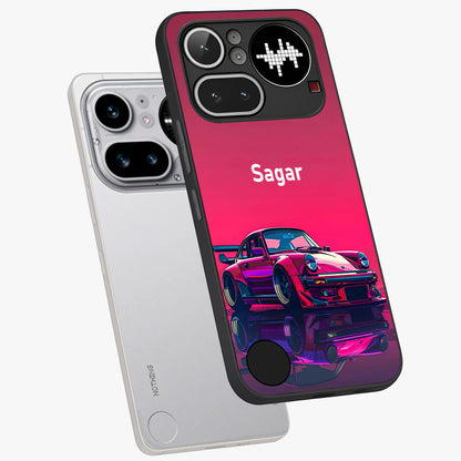 Neon Pink Porsche Glass Case displayed in angled mockup highlighting sleek neon pink car design with racing aesthetic.