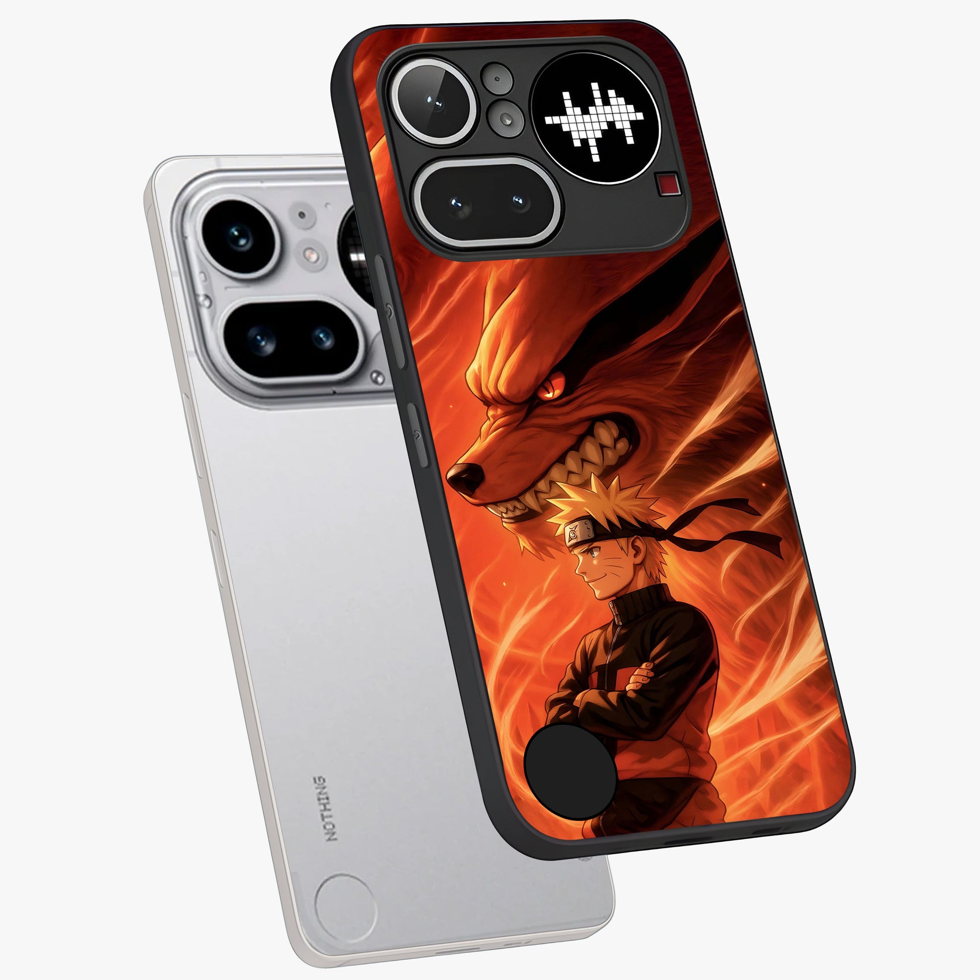Nine Tails Legacy Glass Case displayed in angled mockup highlighting dynamic anime beast illustration with bold mystical aesthetic.