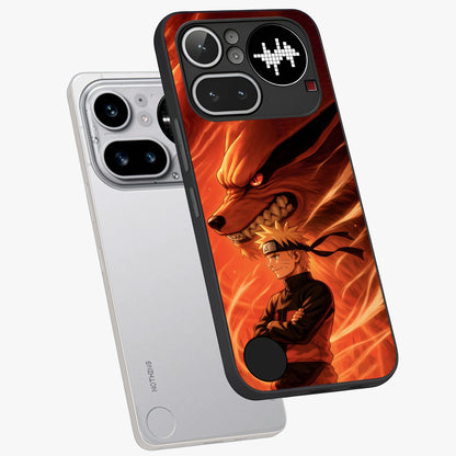 Nine Tails Legacy Glass Case displayed in angled mockup highlighting dynamic anime beast illustration with bold mystical aesthetic.