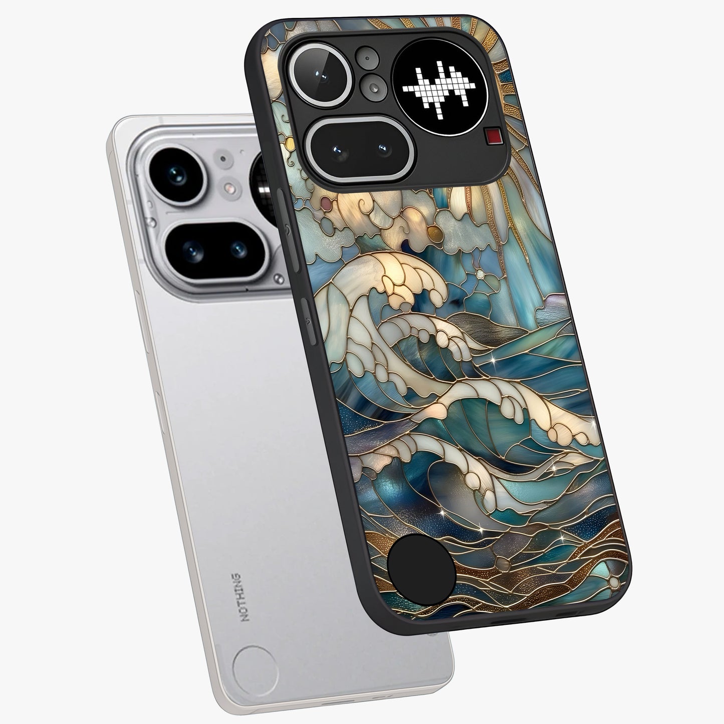 Oceanic Stained Printed Glass Case displayed in angled mockup highlighting colorful aquatic design with artistic aesthetic style.