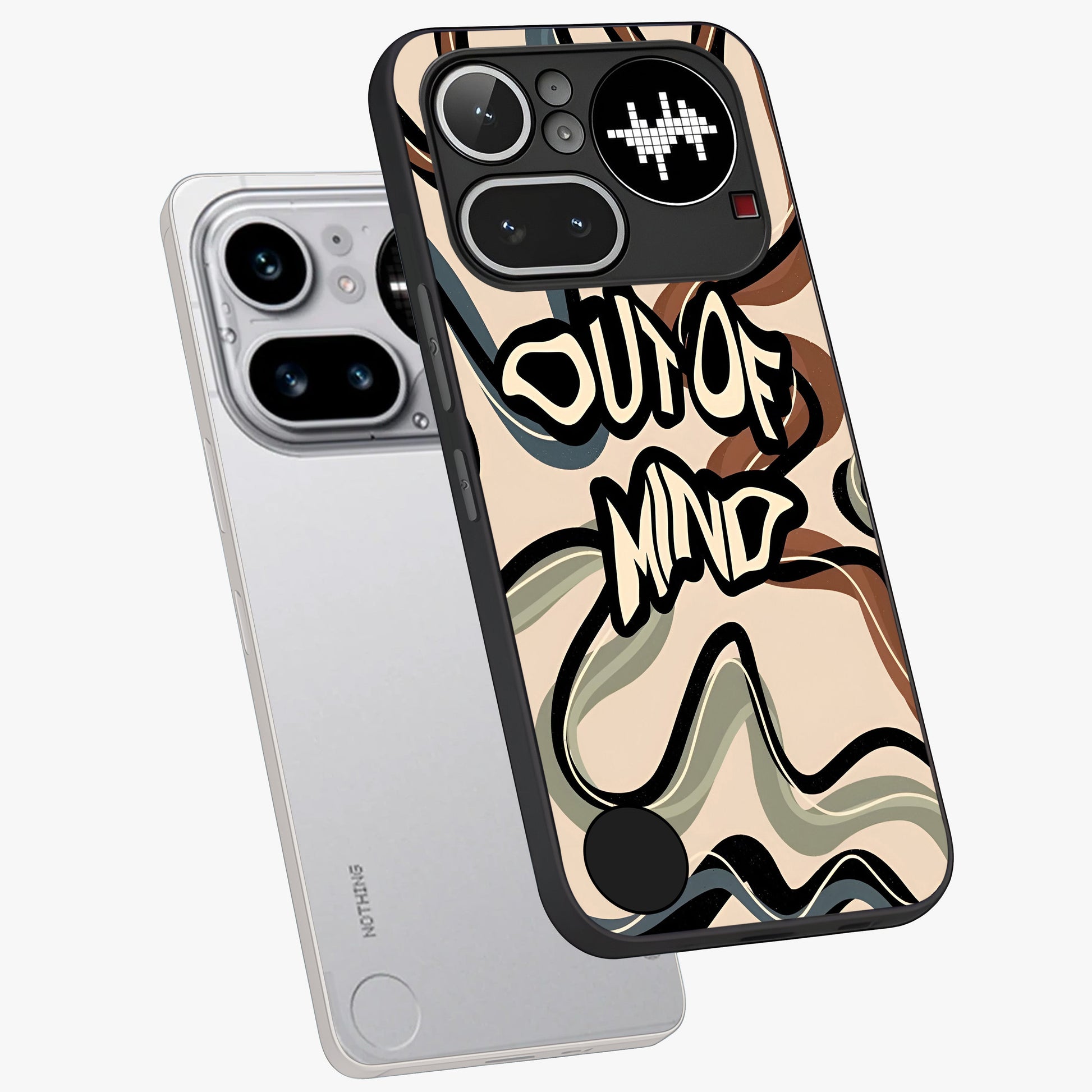 Out Of Mind Glass Case displayed in angled mockup highlighting bold statement design with modern artistic aesthetic.