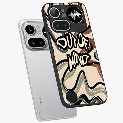 Out Of Mind Glass Case displayed in angled mockup highlighting bold statement design with modern artistic aesthetic.