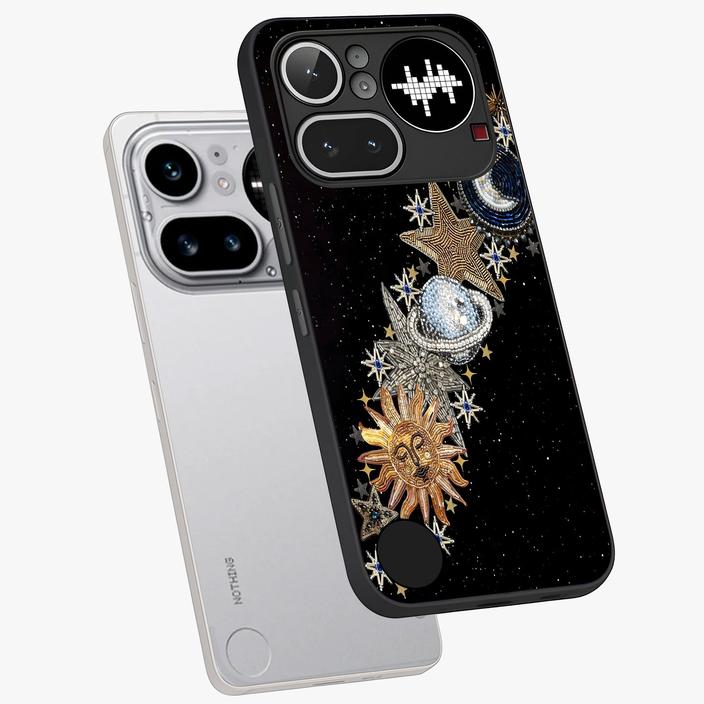 Pearls Universe Object Glass Case displayed in angled mockup highlighting celestial pearl design with dreamy aesthetic.