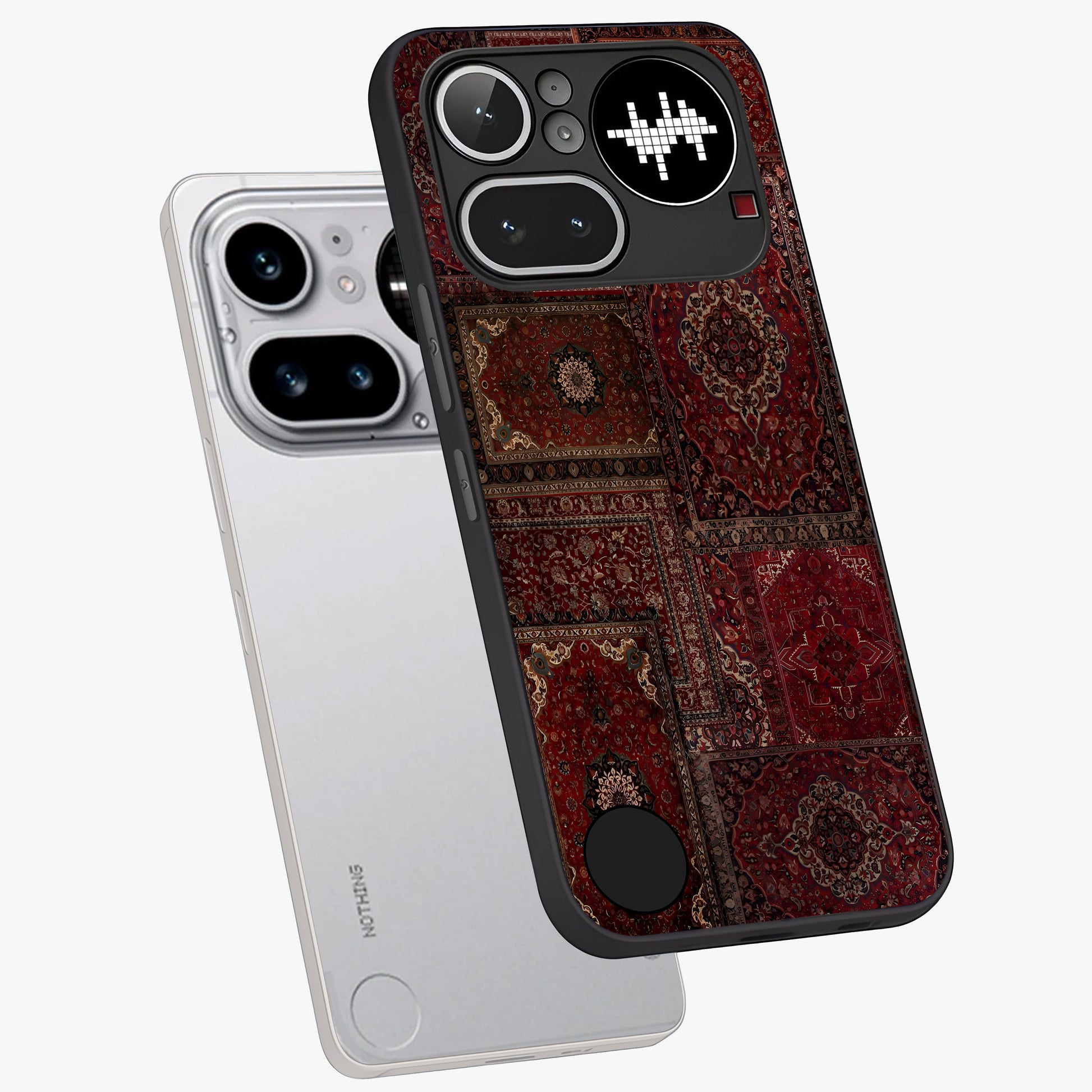 Persian Velvet Tale Glass Case displayed in angled mockup highlighting ornate textile inspired design with royal aesthetic.