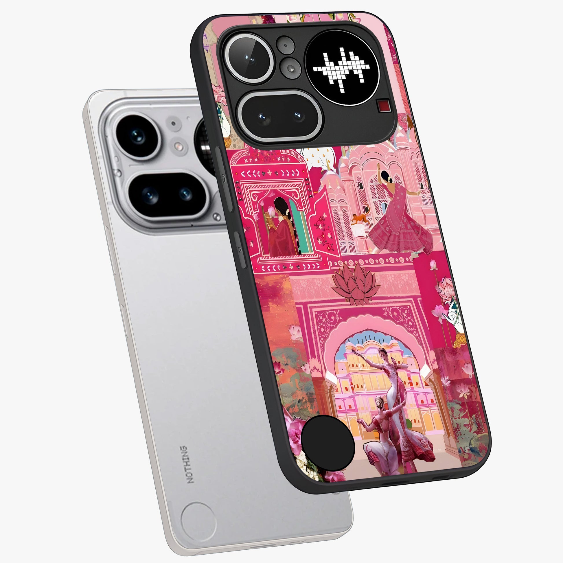 Pink Palace Muse Glass Case displayed in angled mockup highlighting dreamy palace illustration with soft pink aesthetic.