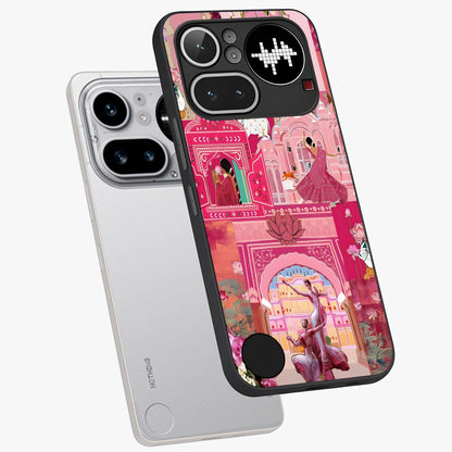 Pink Palace Muse Glass Case displayed in angled mockup highlighting dreamy palace illustration with soft pink aesthetic.