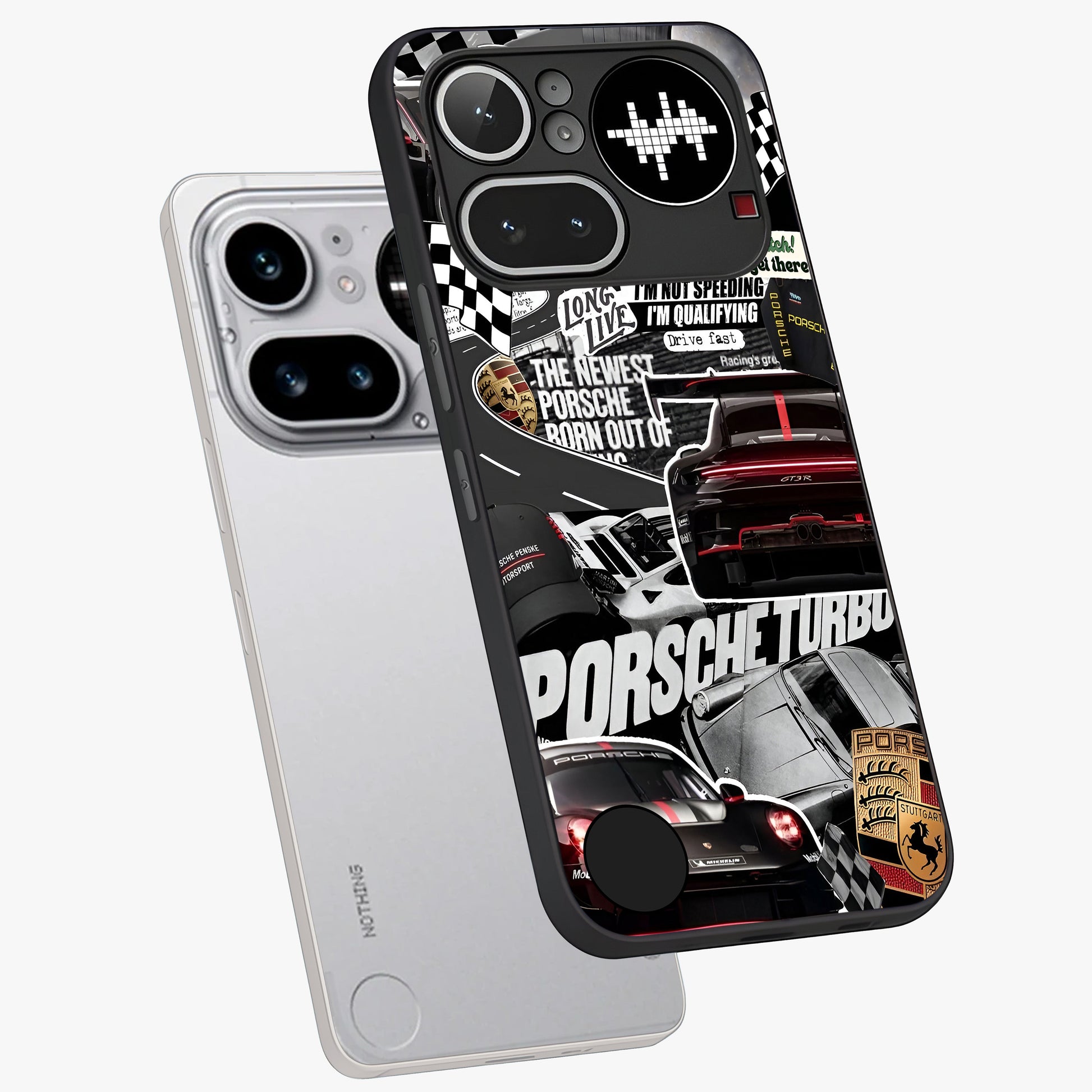 Porsche Racing Collage Glass Case displayed in angled mockup highlighting dynamic automotive design with bold racing aesthetic.
