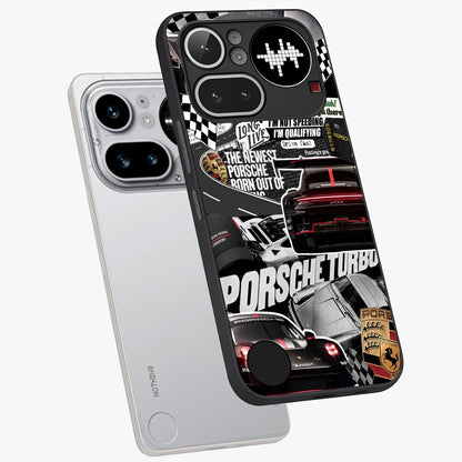 Porsche Racing Collage Glass Case displayed in angled mockup highlighting dynamic automotive design with bold racing aesthetic.