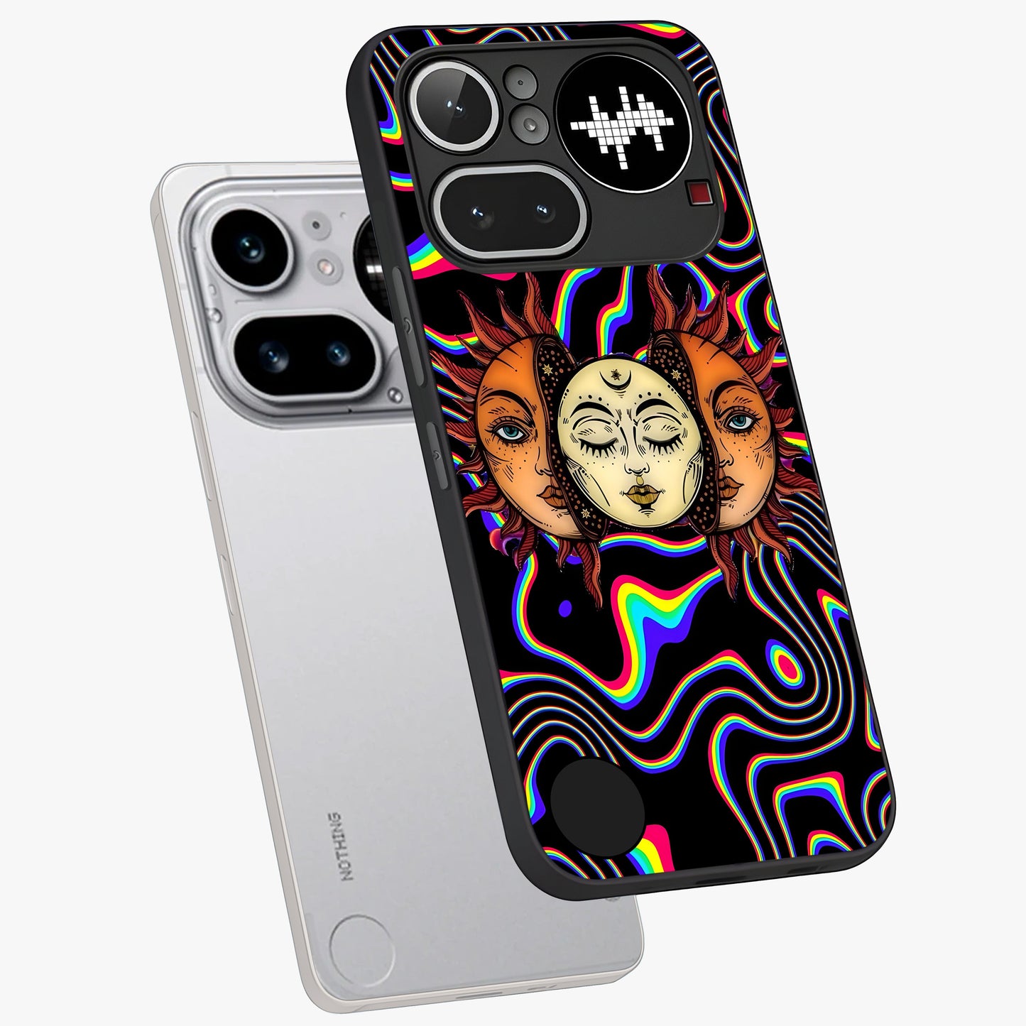 Psychedelic Sun Glass Case displayed in angled mockup highlighting vibrant abstract sun design with artistic aesthetic style.