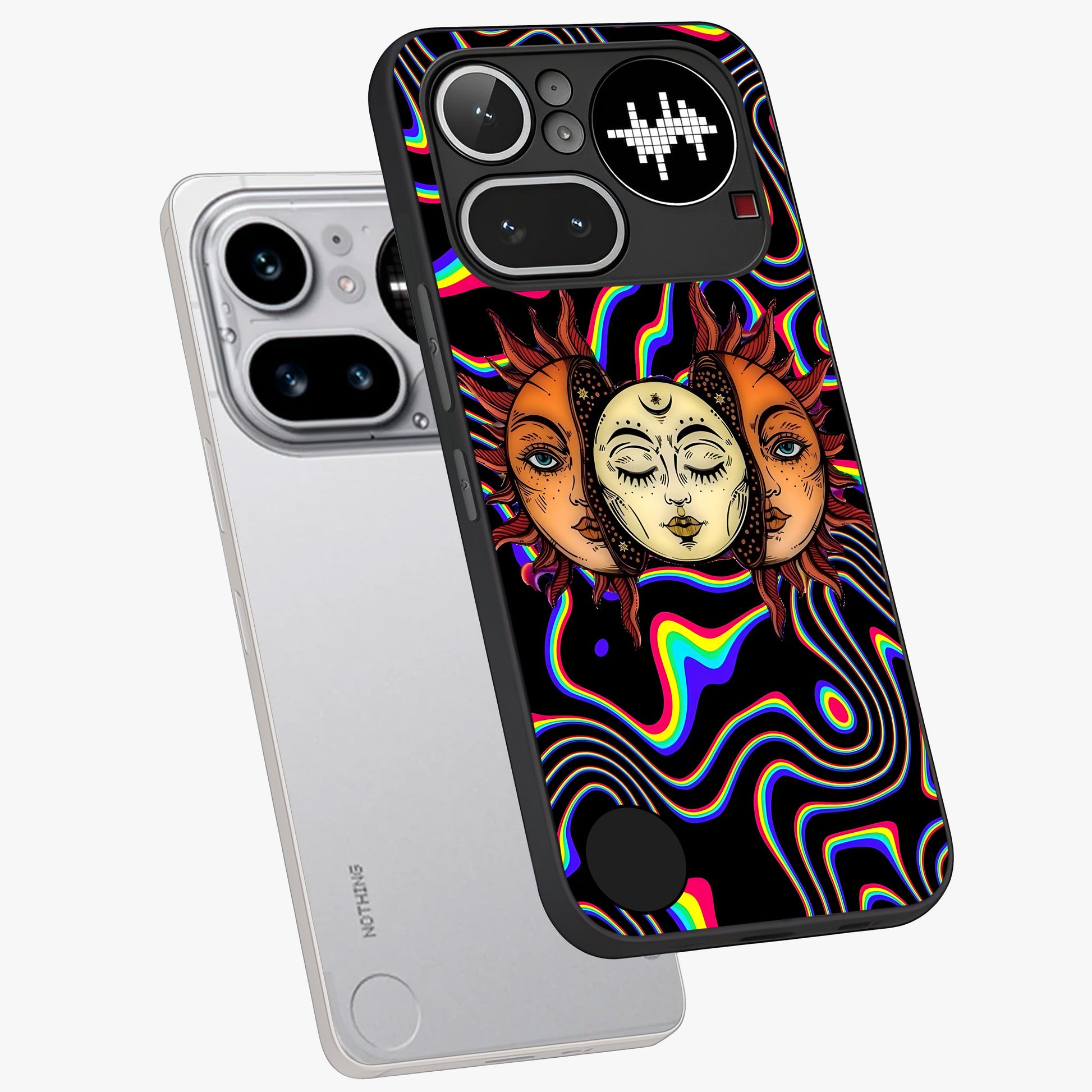 Psychedelic Sun Glass Case displayed in angled mockup highlighting vibrant abstract sun design with artistic aesthetic style.