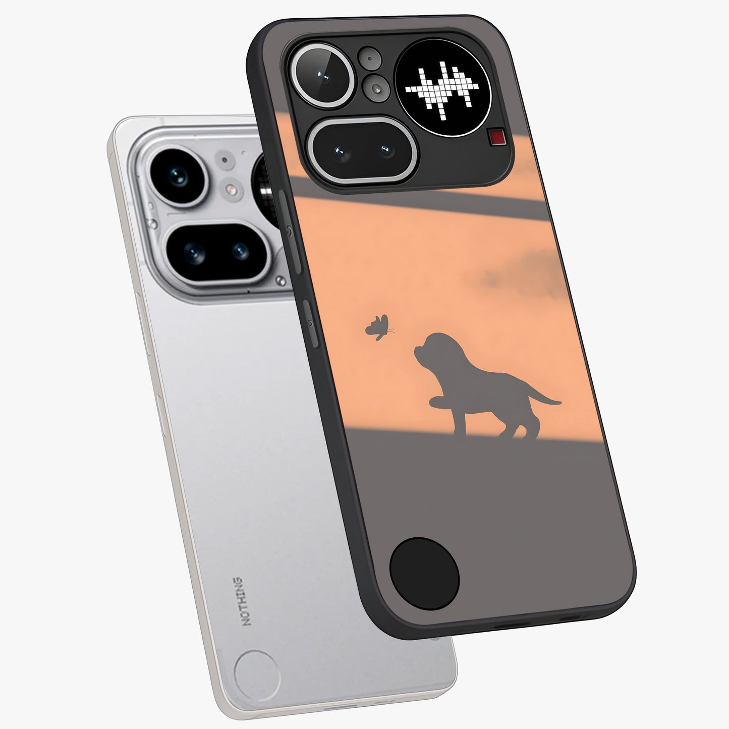 Puppy Shadow Art Glass Case displayed in angled mockup highlighting playful dog illustration with artistic shadow aesthetic.