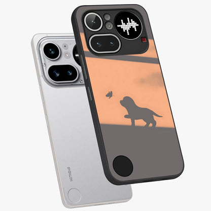 Puppy Shadow Art Glass Case displayed in angled mockup highlighting playful dog illustration with artistic shadow aesthetic.