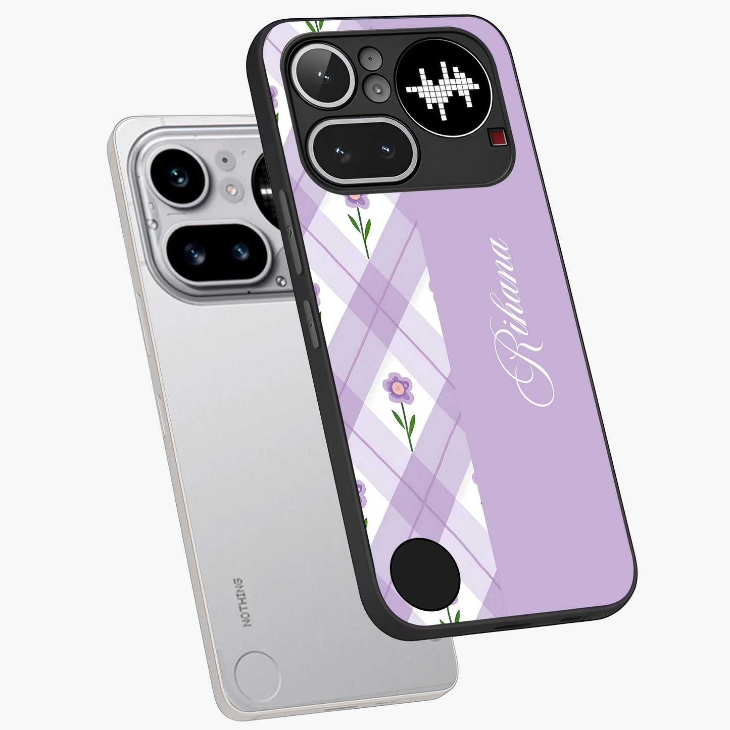 Purple Diamond Floral Glass Case displayed in angled mockup highlighting elegant purple flower design with decorative pattern.