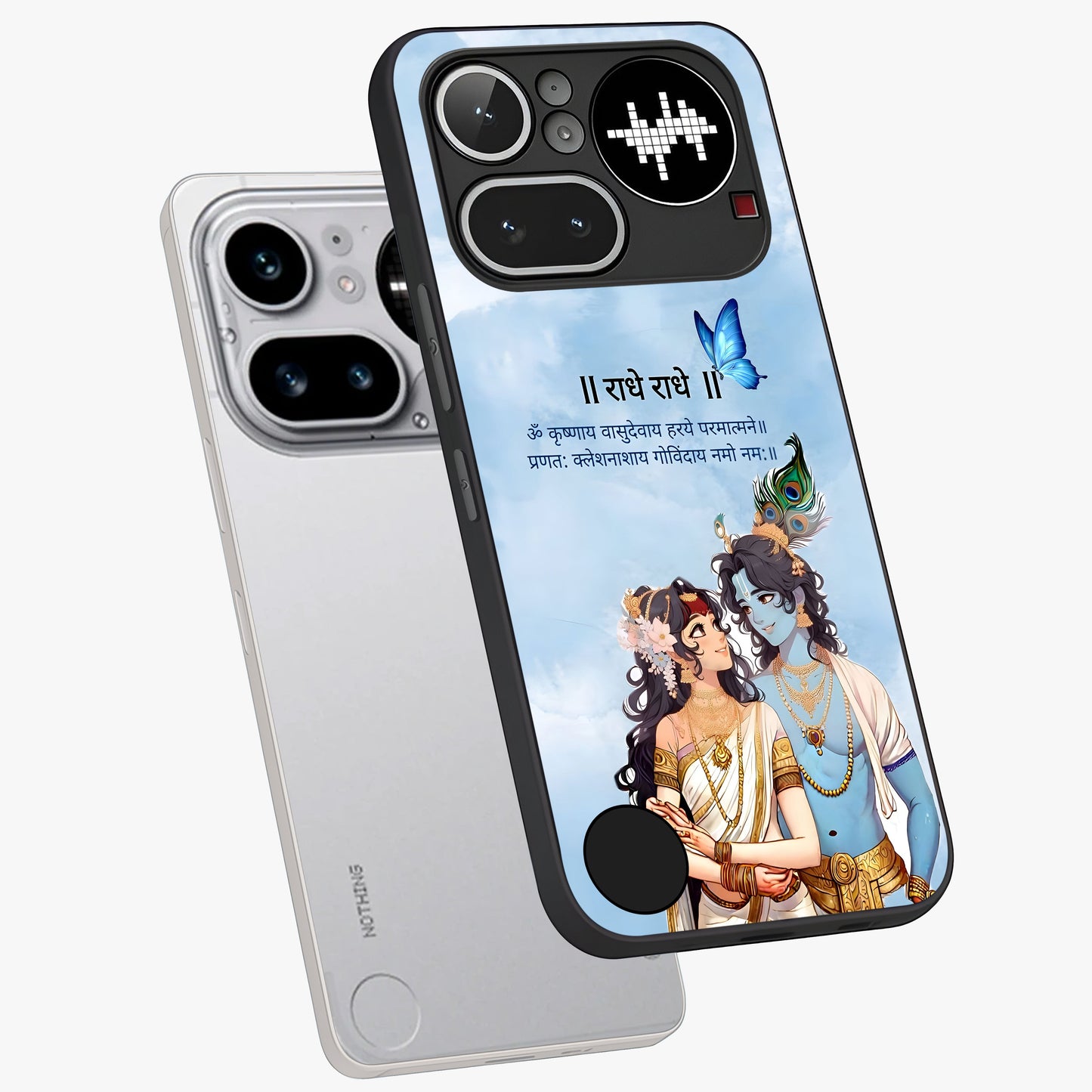 Radha Krishna Eternal Glass Case displayed in angled mockup highlighting divine Radha Krishna illustration with spiritual aesthetic.