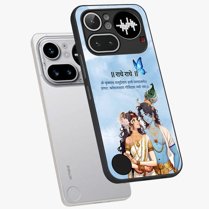 Radha Krishna Eternal Glass Case displayed in angled mockup highlighting divine Radha Krishna illustration with spiritual aesthetic.
