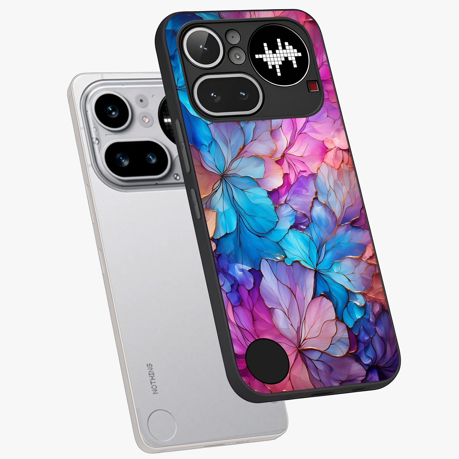 Radiant Floral Whirl Glass Case displayed in angled mockup highlighting vibrant flower pattern with dynamic artistic aesthetic.