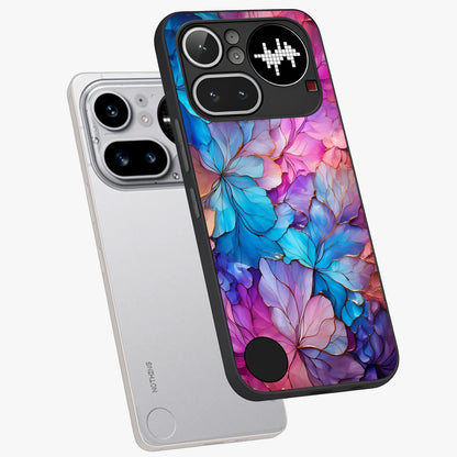 Radiant Floral Whirl Glass Case displayed in angled mockup highlighting vibrant flower pattern with dynamic artistic aesthetic.