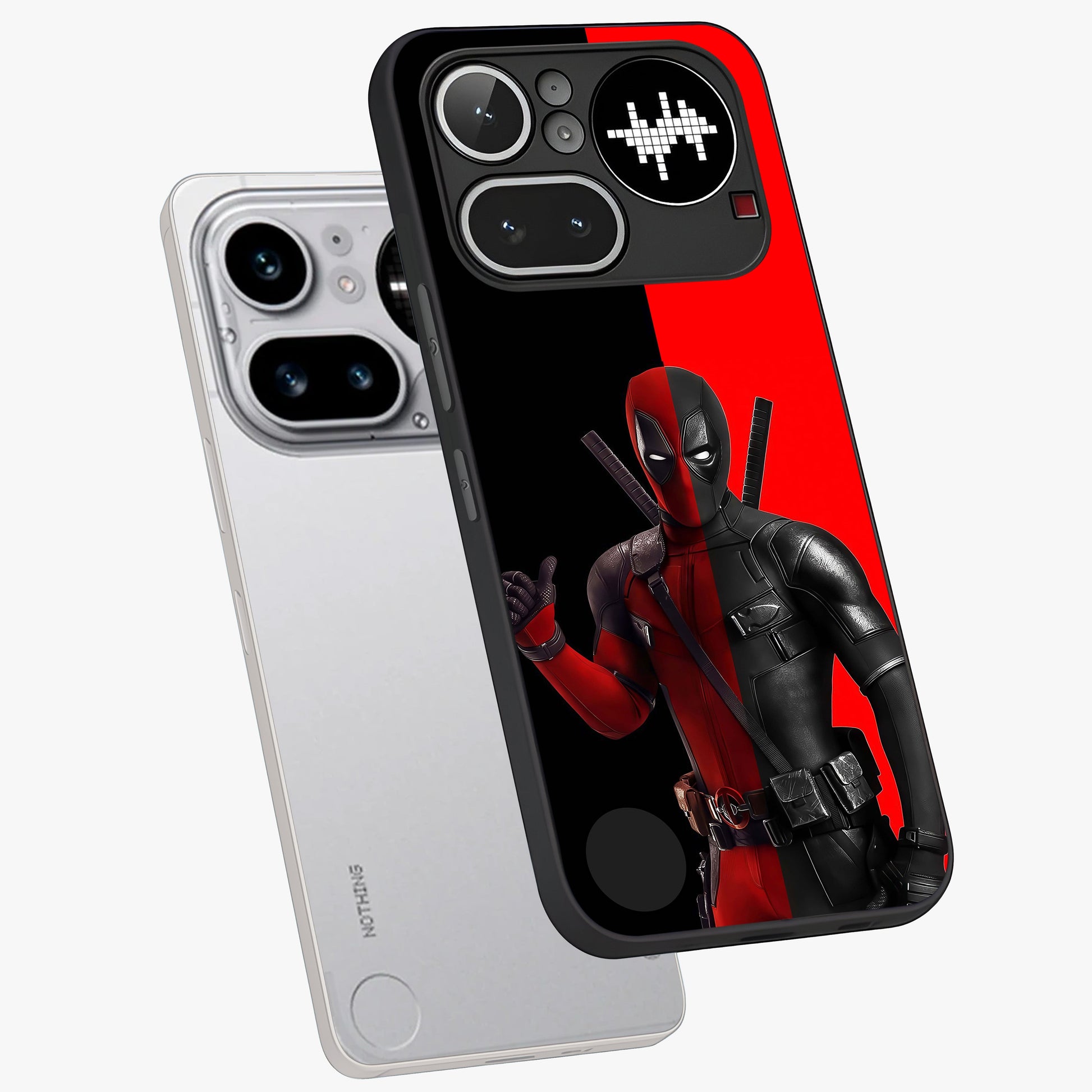 Red & Black Deadpool Theme Glass Case displayed in angled mockup highlighting vibrant superhero style illustration with action aesthetic.