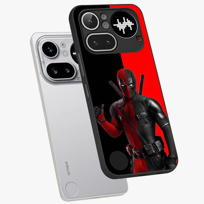 Red & Black Deadpool Theme Glass Case displayed in angled mockup highlighting vibrant superhero style illustration with action aesthetic.