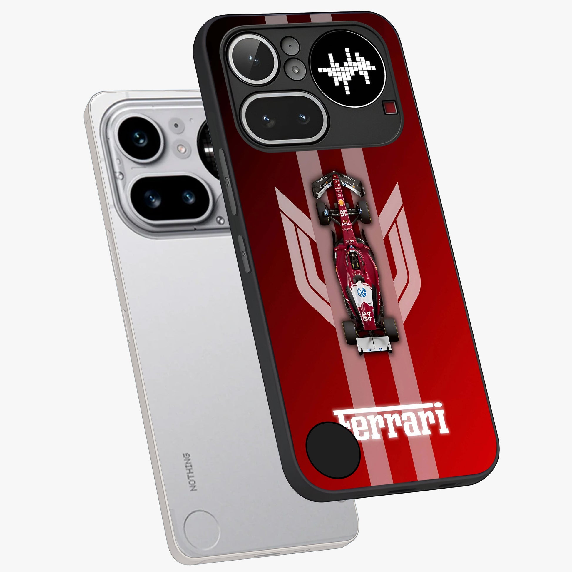 Red Ferrari F1 Vertical Glass Case displayed in angled mockup highlighting high speed racing design with bold automotive aesthetic.