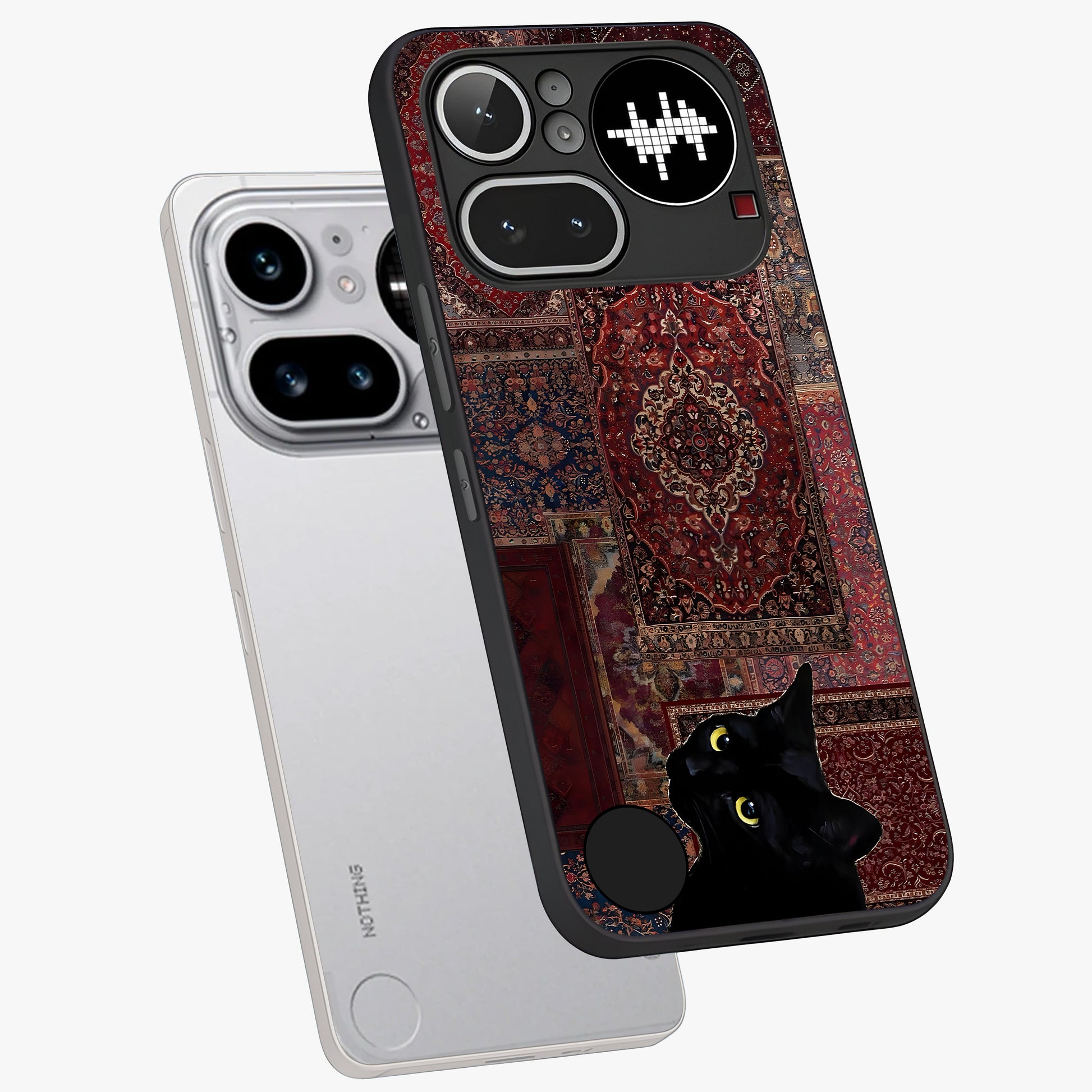 Regal Magic Cat Apple Glass Case displayed in angled mockup highlighting whimsical feline design with fantasy aesthetic.