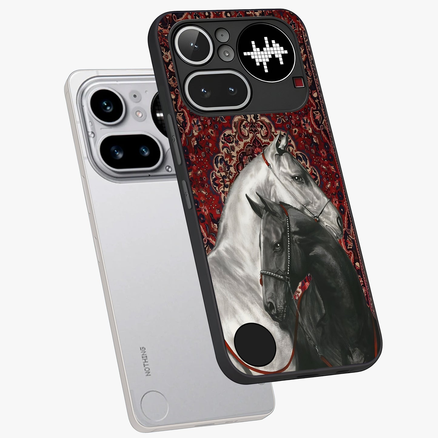 Regal Stallion Tapestry Glass Case displayed in angled mockup highlighting royal stallion design with decorative heritage aesthetic.