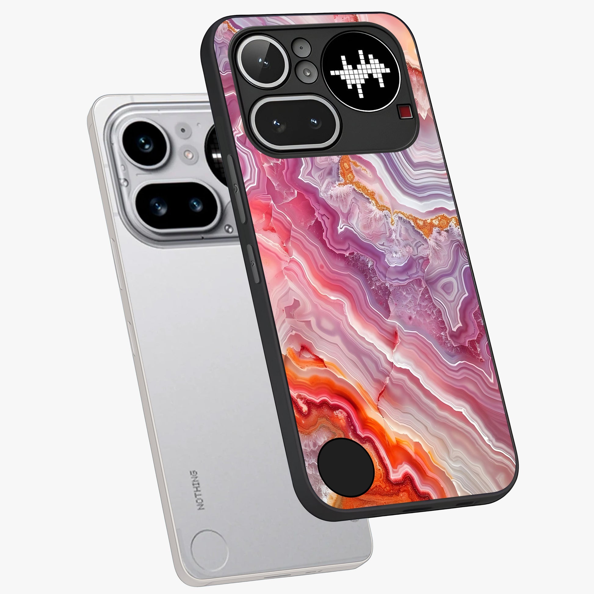 Rose Quartz Marble Glass Case displayed in angled mockup highlighting elegant marble pattern with soft aesthetic style.