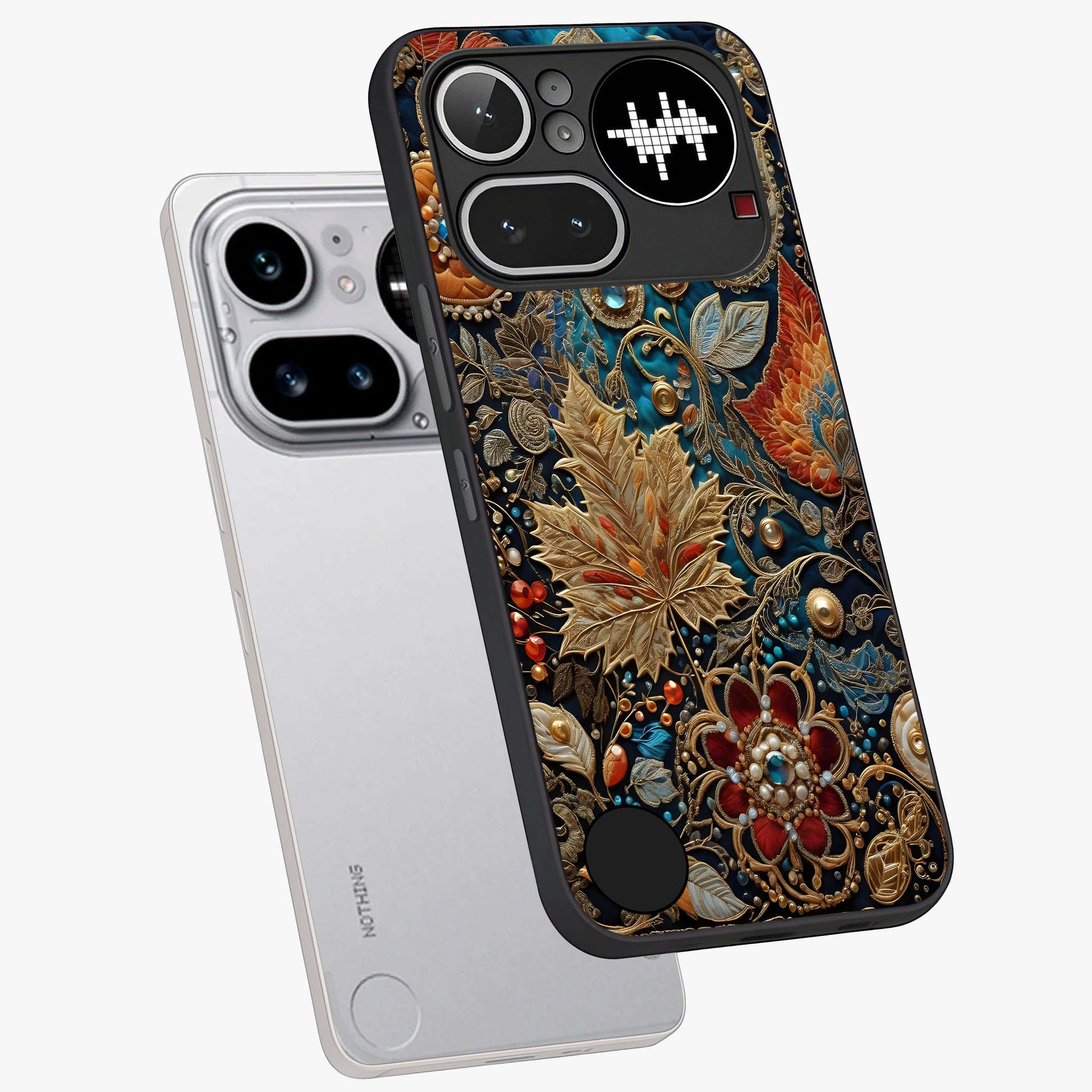 Royal Jewel Garden Glass Case displayed in angled mockup highlighting vibrant jewel inspired floral design with elegant aesthetic.