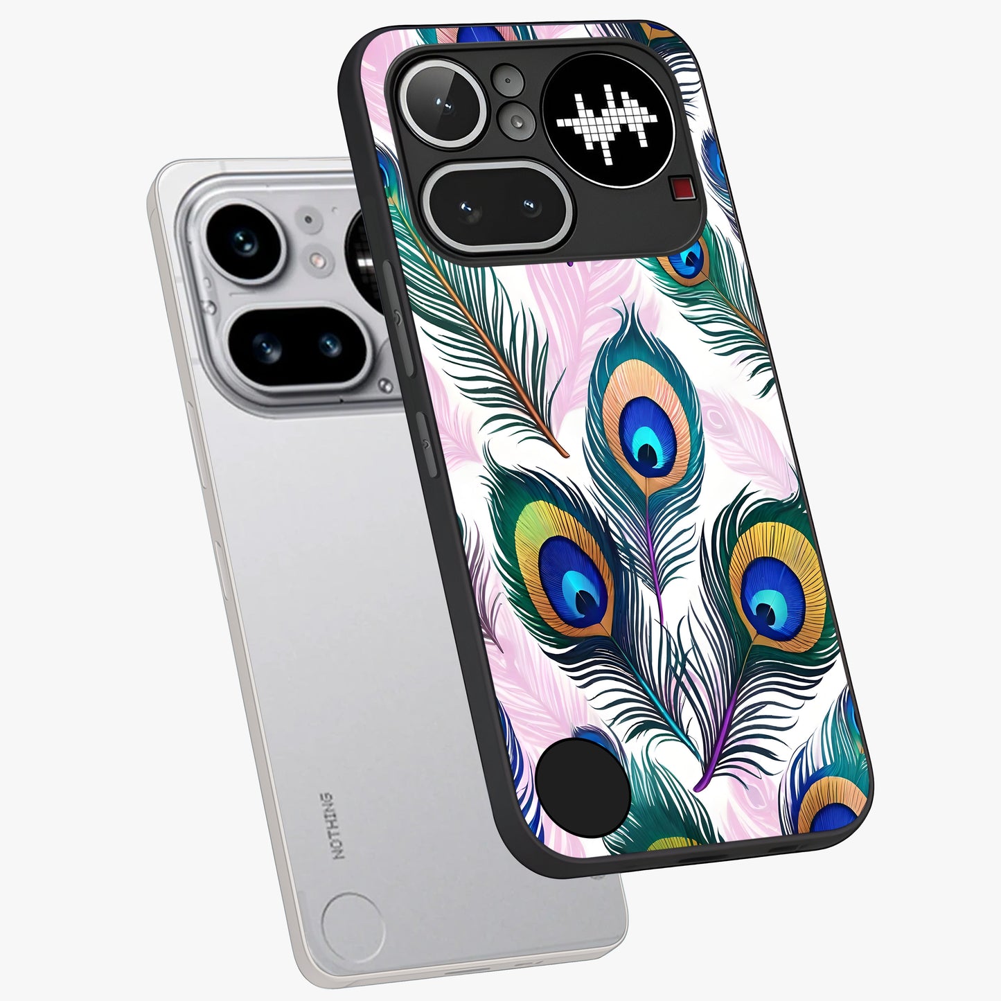 Royal Peacock Feathers Glass Case displayed in angled mockup highlighting vibrant feather pattern with regal aesthetic style.