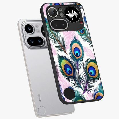 Royal Peacock Feathers Glass Case displayed in angled mockup highlighting vibrant feather pattern with regal aesthetic style.