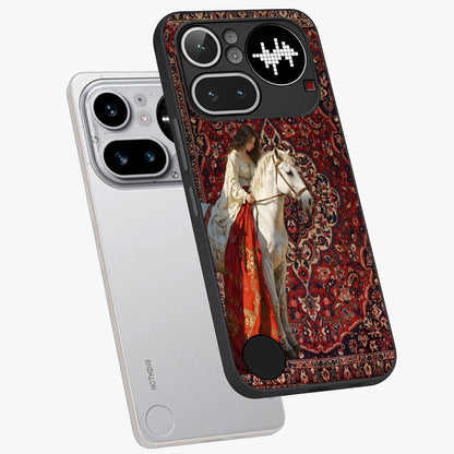 Royal Rider Tapestry Glass Case displayed in angled mockup highlighting traditional tapestry design with royal heritage aesthetic.