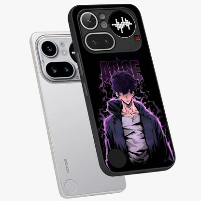 Shadow Monarch Awakening Glass Case displayed in angled mockup highlighting dramatic shadow warrior design with fantasy aesthetic.