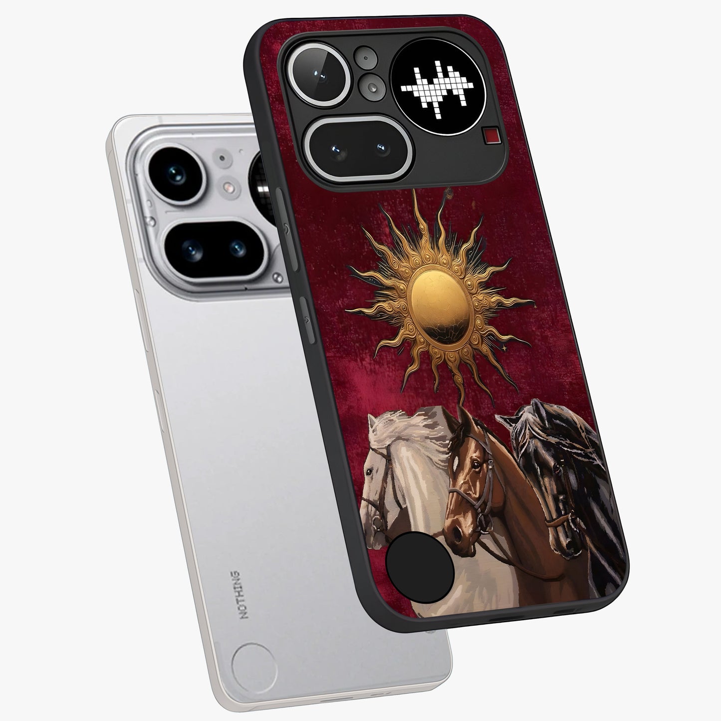 Solar Riders Glass Case displayed in angled mockup highlighting powerful rider illustration with radiant solar aesthetic.