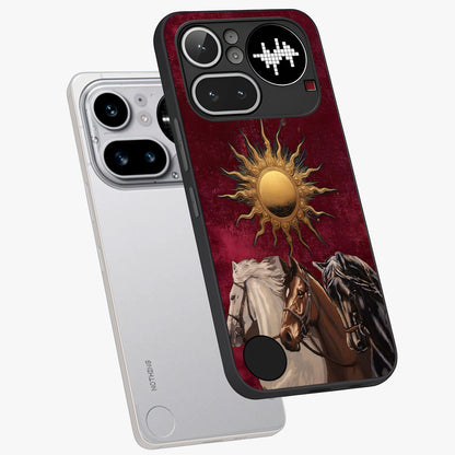 Solar Riders Glass Case displayed in angled mockup highlighting powerful rider illustration with radiant solar aesthetic.